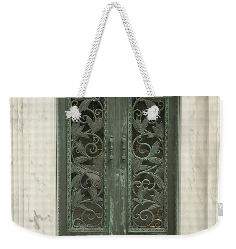 Mausoleum Weekender Tote Bag featuring the photograph Mausoleum entrance with marble and brass by Bradford Martin