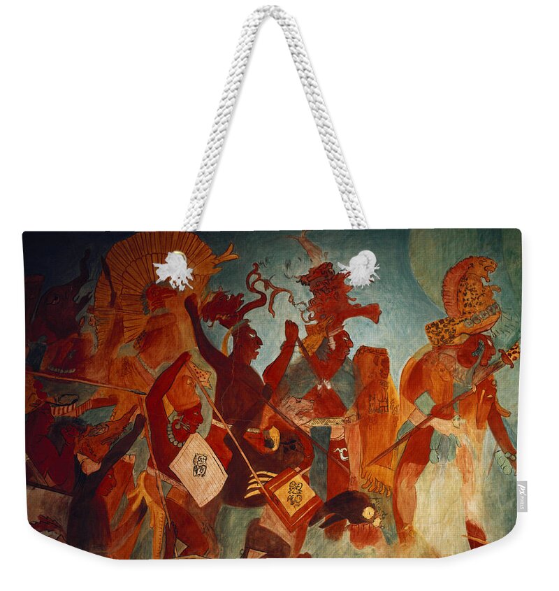 Ancient Weekender Tote Bag featuring the painting Maya Fresco At Bonampak by George Holton