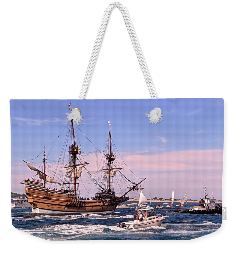 Mayflower Ii Weekender Tote Bag featuring the photograph Mayflower II out to sea by Janice Drew