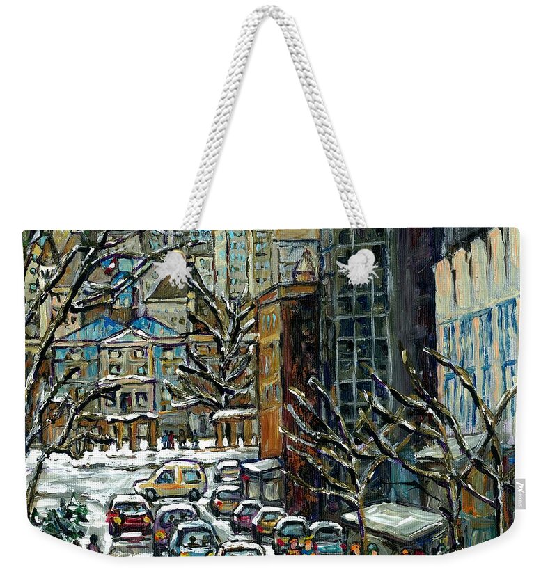Montreal Weekender Tote Bag featuring the painting Mcgill University Paintings Downtown Montreal Skyline Canadian Art Rue Mcgill College Winter City by Carole Spandau