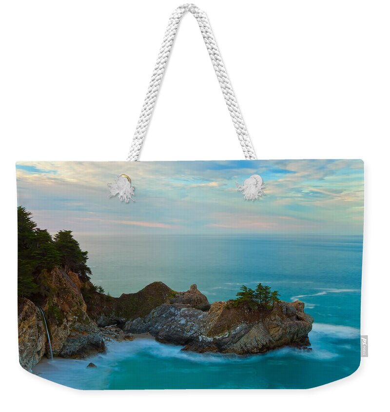 Coastline Weekender Tote Bag featuring the photograph McWay Falls At Sunrise by Jonathan Nguyen