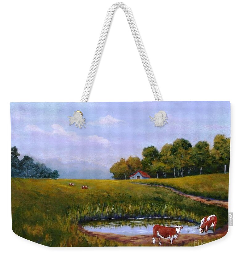 Landscape Weekender Tote Bag featuring the painting Meeting At The Waterhole by Jerry Walker