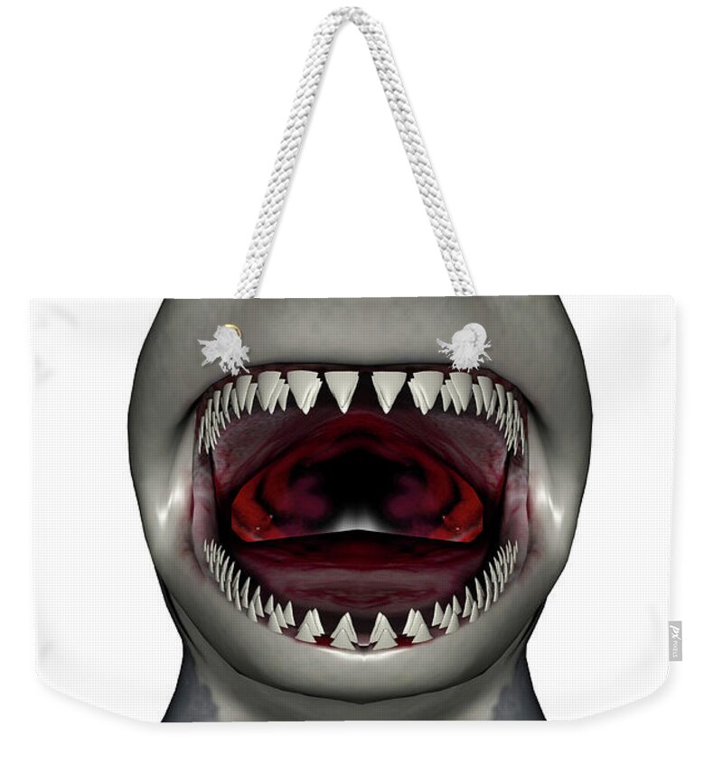 Prehistoric Era Weekender Tote Bag featuring the digital art Megalodon Dinosaur With Mouth Open by Elena Duvernay/stocktrek Images