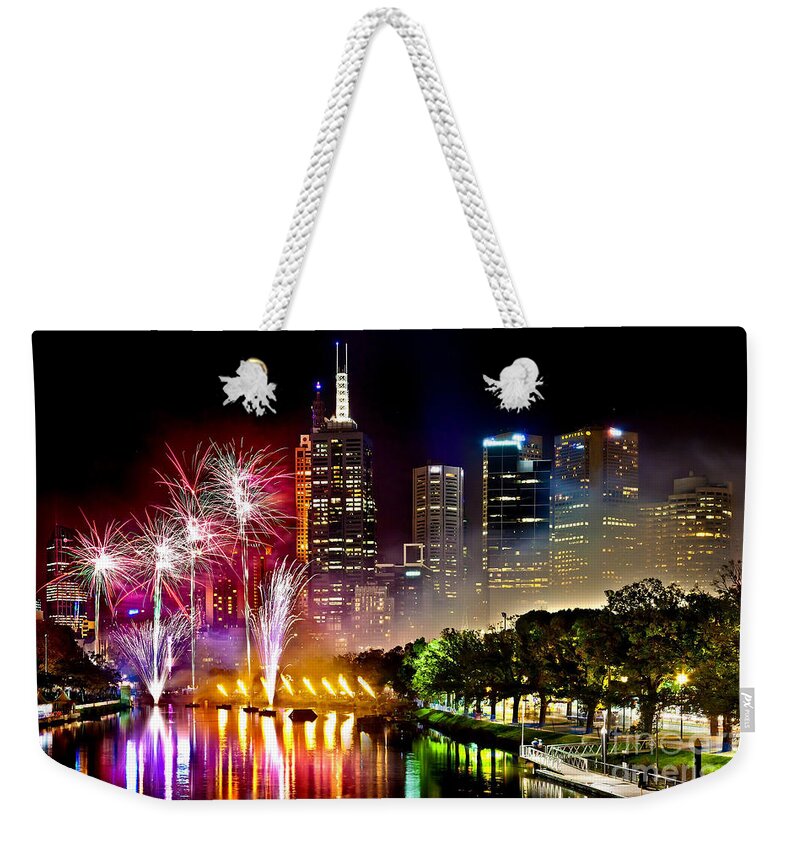 Melbourne Weekender Tote Bag featuring the photograph Melbourne Fireworks Spectacular by Az Jackson