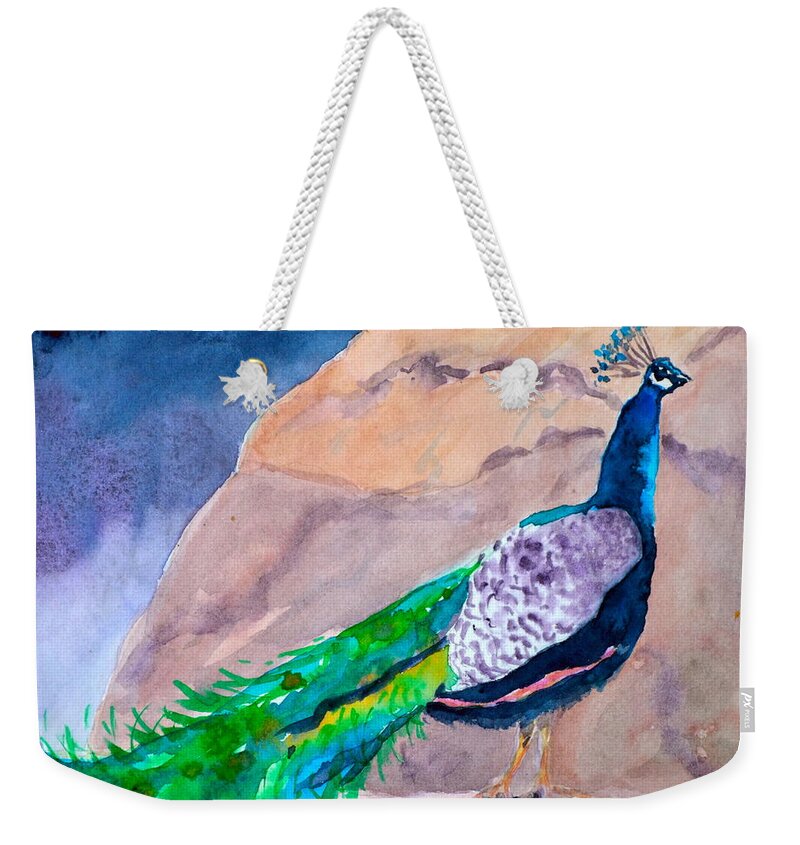 Peacock Weekender Tote Bag featuring the painting Mellow Peacock by Beverley Harper Tinsley