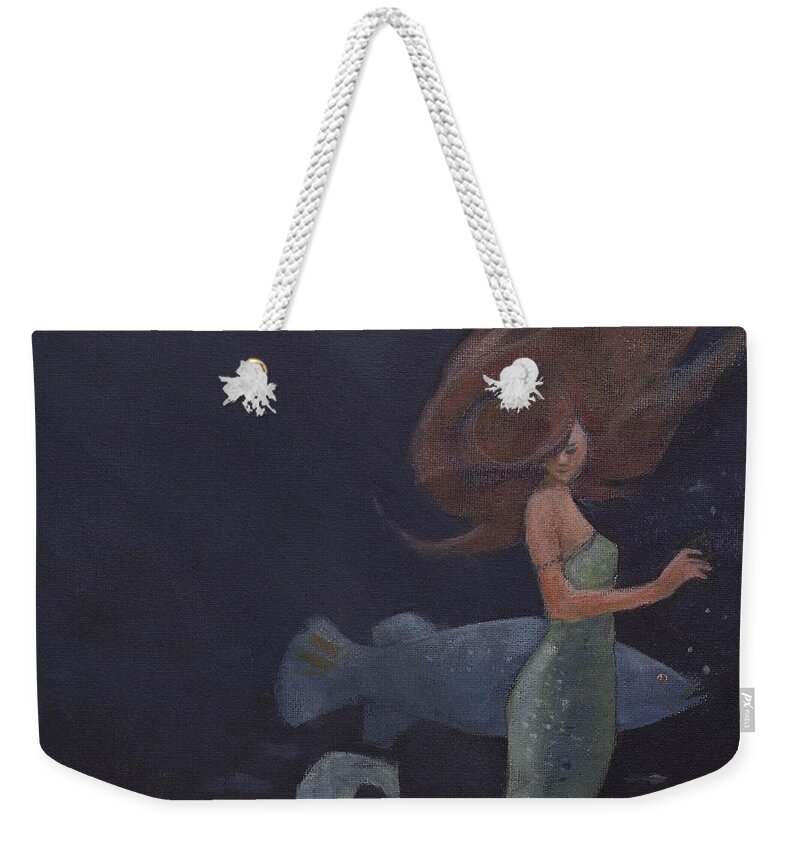 Mermaid Weekender Tote Bag featuring the painting Mermaid and the Blue Fish by Mary Hubley