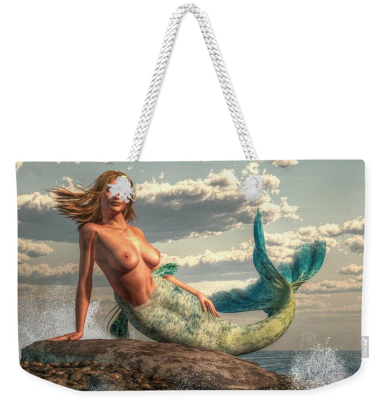 Mermaid Weekender Tote Bag featuring the painting Mermaid on the Rocks by Kaylee Mason