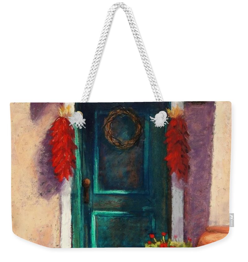 Southwest Adobe Weekender Tote Bag featuring the pastel Mesilla Door by Candy Mayer