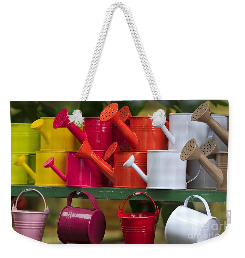 Watering Weekender Tote Bag featuring the photograph Metal Watering Cans by Louise Heusinkveld
