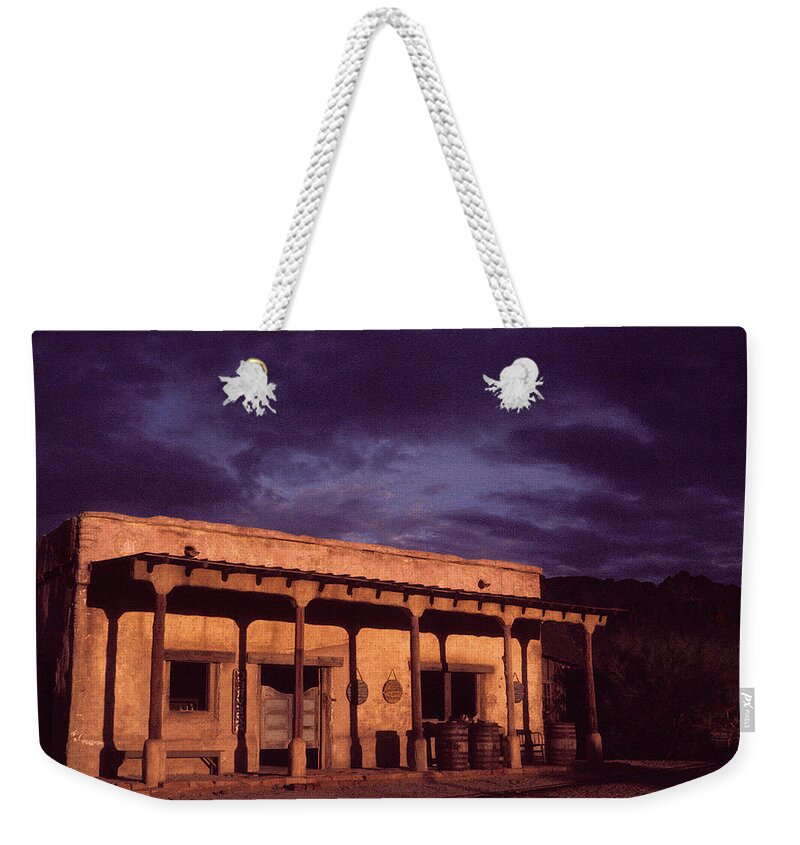 Mexican Cantina Rio Lobo Set Old Tucson Arizona John Wayne The Alamo Late Afternoon Weekender Tote Bag featuring the photograph Mexican cantina Rio Lobo set Old Tucson Arizona 1971-1980 by David Lee Guss