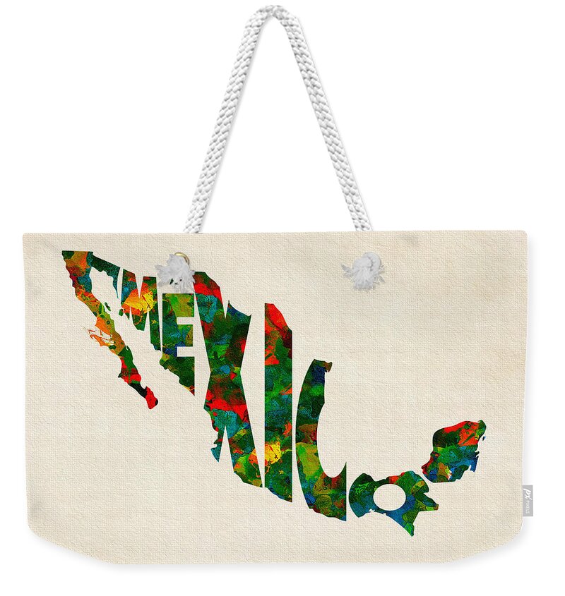 Mexico Weekender Tote Bag featuring the painting Mexico Typographic Watercolor Map by Inspirowl Design