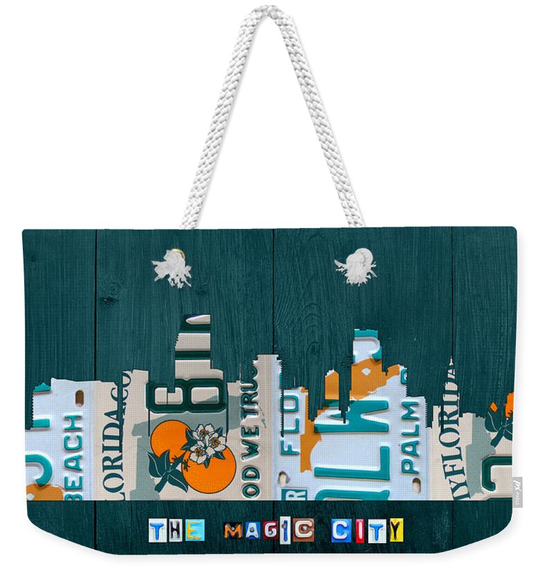 Miami Weekender Tote Bag featuring the mixed media Miami Florida City Skyline Vintage License Plate Art on Wood by Design Turnpike