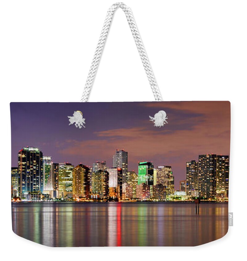 Miami Weekender Tote Bag featuring the photograph Miami Skyline at Dusk Sunset Panorama by Jon Holiday