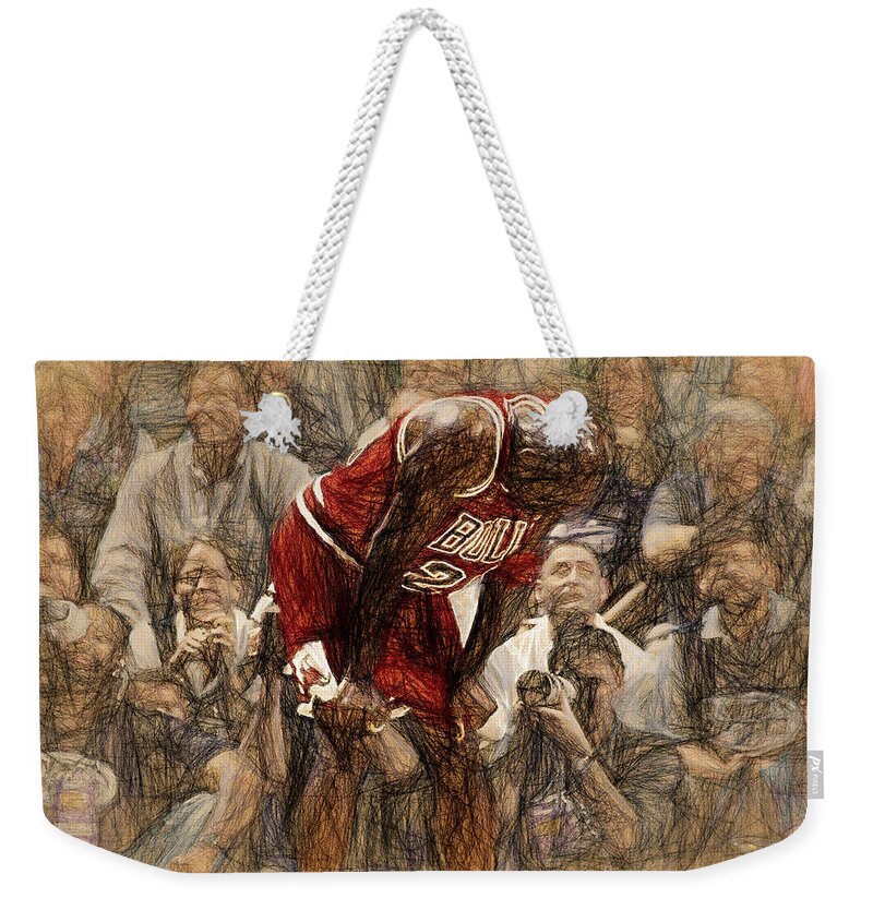 Michael Jordan Weekender Tote Bag featuring the painting Michael Jordan The Flu Game by John Farr