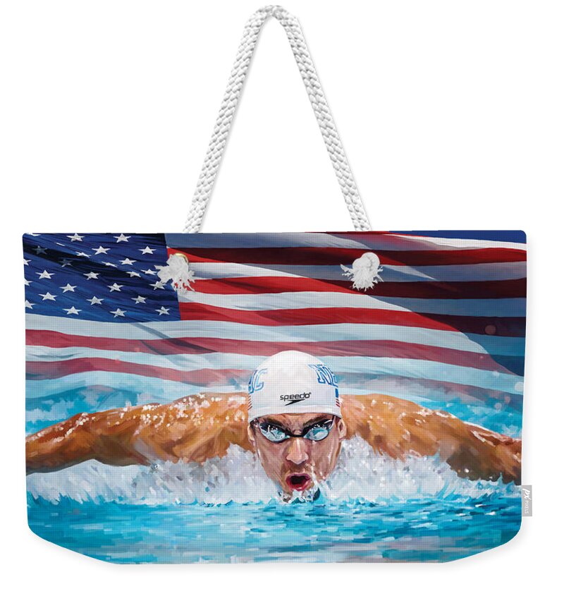 Michael Phelps Paintings Weekender Tote Bag featuring the painting Michael Phelps Artwork by Sheraz A