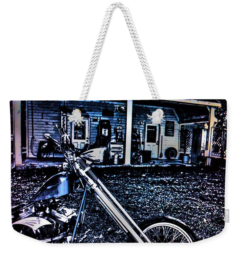 Motorcycle Art Weekender Tote Bag featuring the mixed media Midnight Blues by Lesa Fine