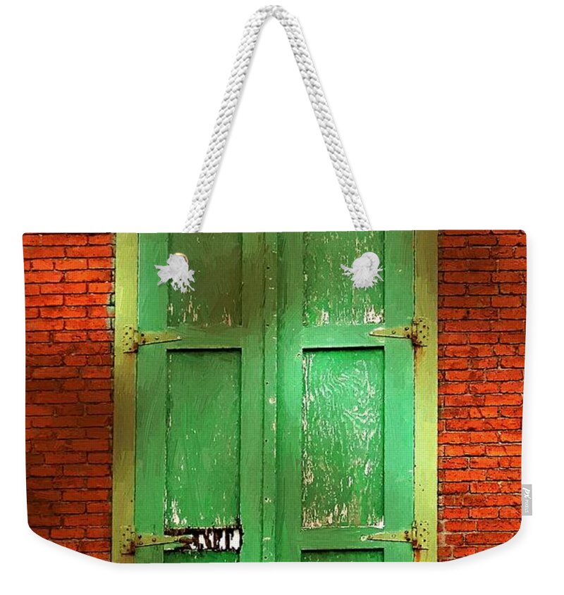 Brick Weekender Tote Bag featuring the painting Mill Door in Dappled Sunlight by RC DeWinter