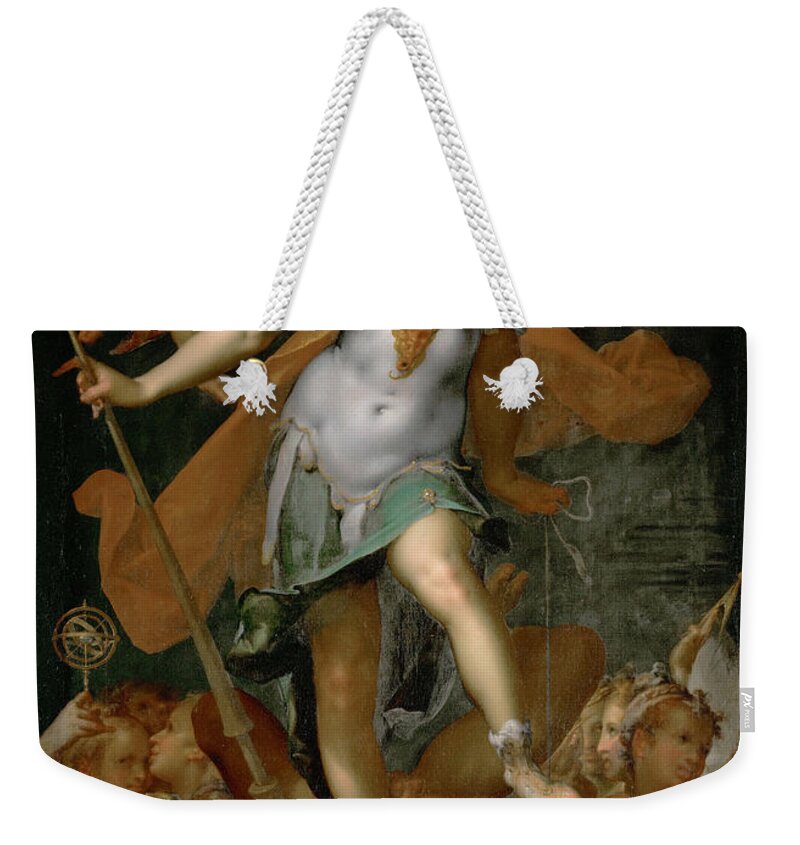 Bartholomeus Spranger Weekender Tote Bag featuring the painting Minerva Victorious over Ignorance by Bartholomeus Spranger