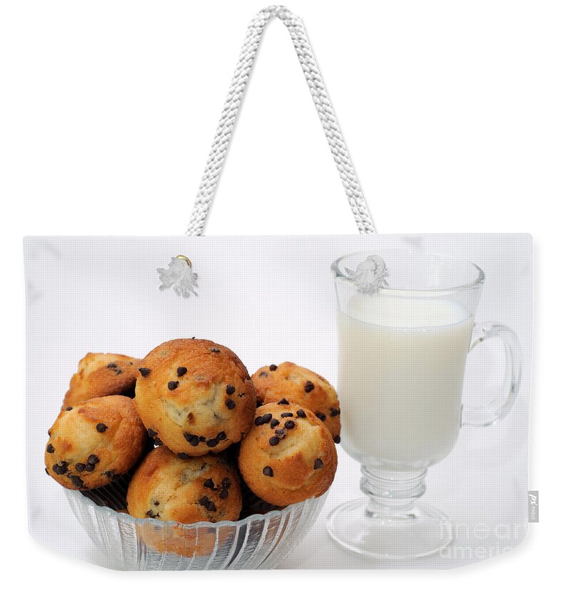 Andee Design Muffins Weekender Tote Bag featuring the photograph Mini Chocolate Chip Muffins And Milk - Bakery - Snack - Dairy - 1 by Andee Design