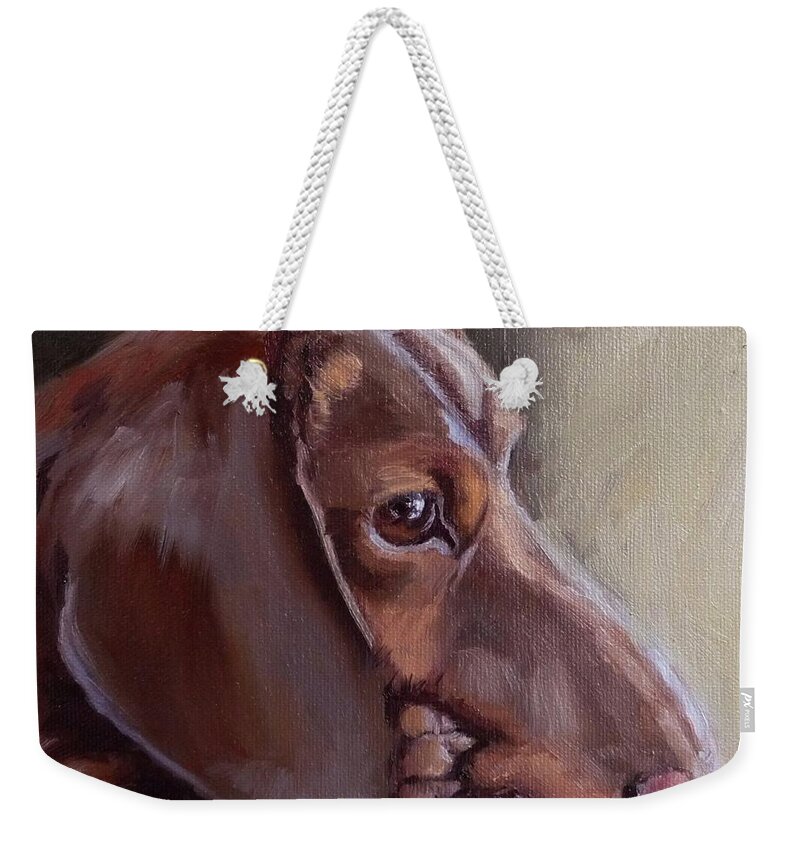 Miniature Dachshund Weekender Tote Bag featuring the painting Miniature Doxin Daydreaming- Dachshund Pet Portrait by Viktoria K Majestic
