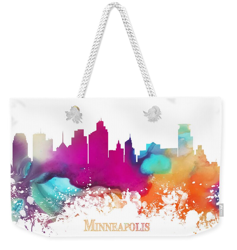 Minneapolis Weekender Tote Bag featuring the digital art Minneapolis City colored skyline by Justyna Jaszke JBJart