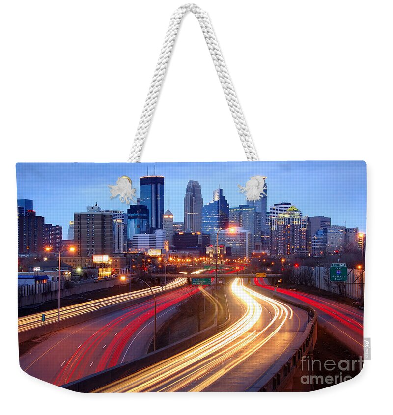 Minneapolis Skyline Weekender Tote Bag featuring the photograph Minneapolis Skyline at Dusk Early Evening by Jon Holiday
