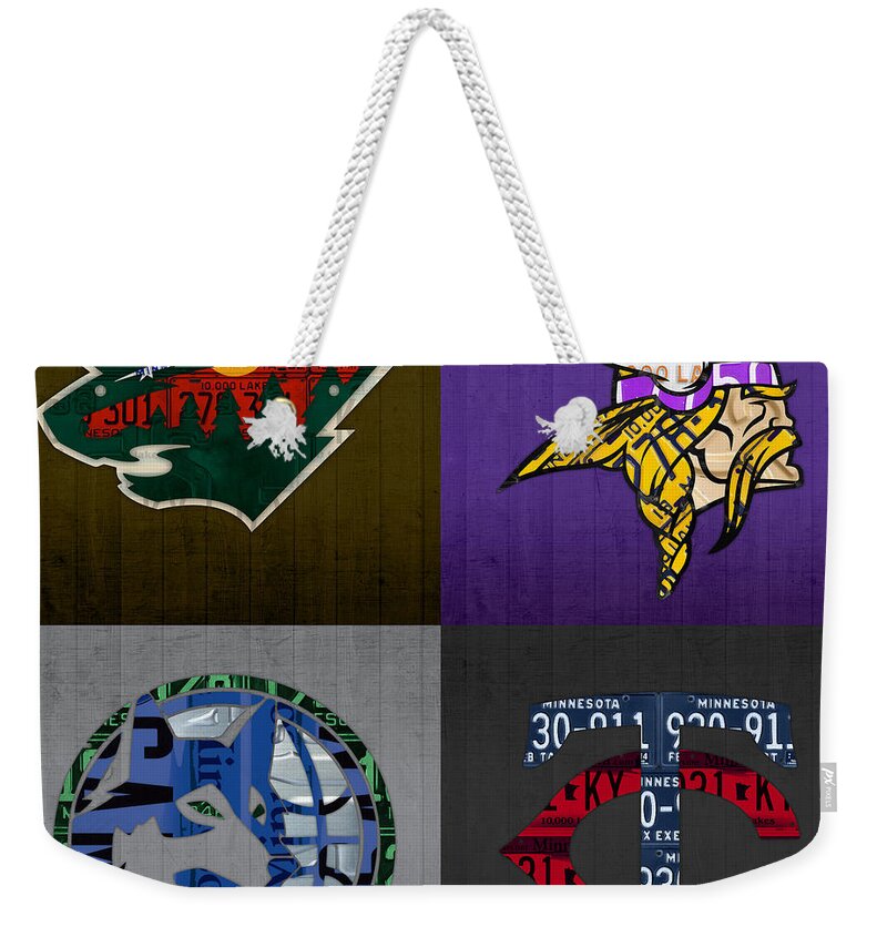 Minneapolis Weekender Tote Bag featuring the mixed media Minneapolis Sports Fan Recycled Vintage Minnesota License Plate Art Wild Vikings Timberwolves Twins by Design Turnpike