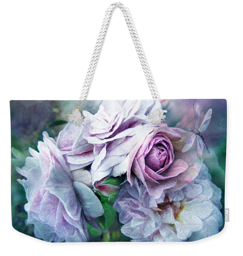 Rose Weekender Tote Bag featuring the mixed media Miracle Of A Rose - Lavender by Carol Cavalaris