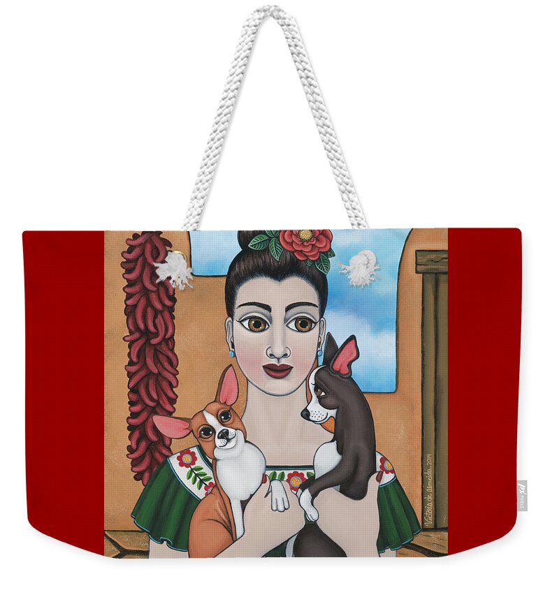 Chihuahua Weekender Tote Bag featuring the painting Mis Carinos by Victoria De Almeida