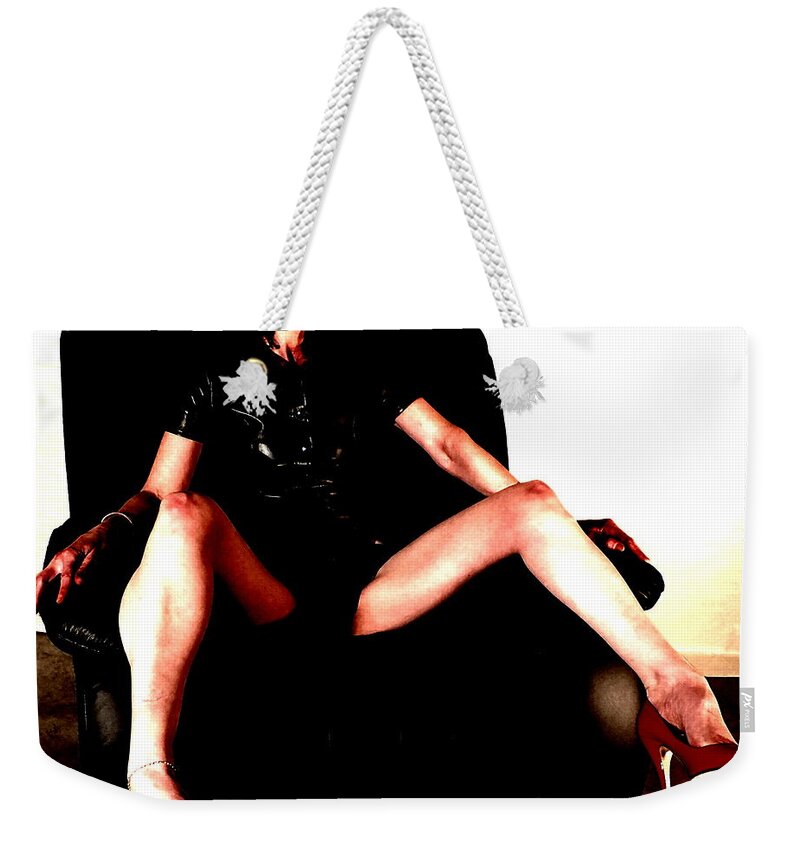 Hot Sexy Leather Dominatrix Babe Spread Legs Feet Red Heels Shiny Black Pvc Leather Fetish Lips Bondage Porn Mistress Weekender Tote Bag featuring the photograph Mistress D by Guy Pettingell