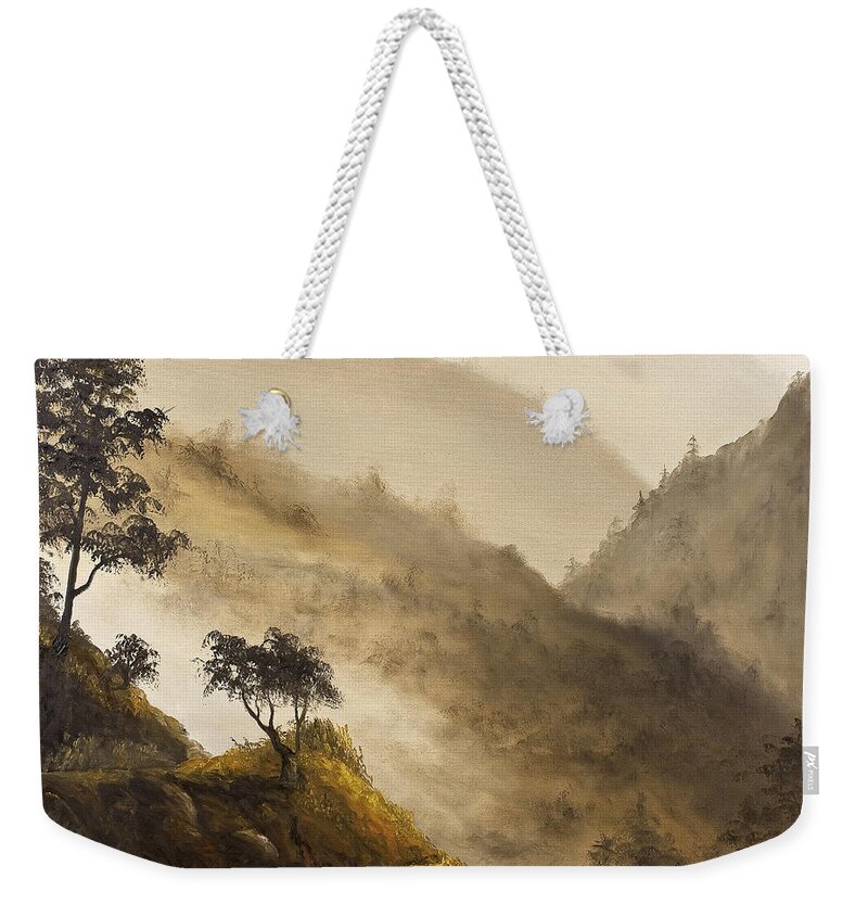 Landscape Weekender Tote Bag featuring the painting Misty Hills by Darice Machel McGuire