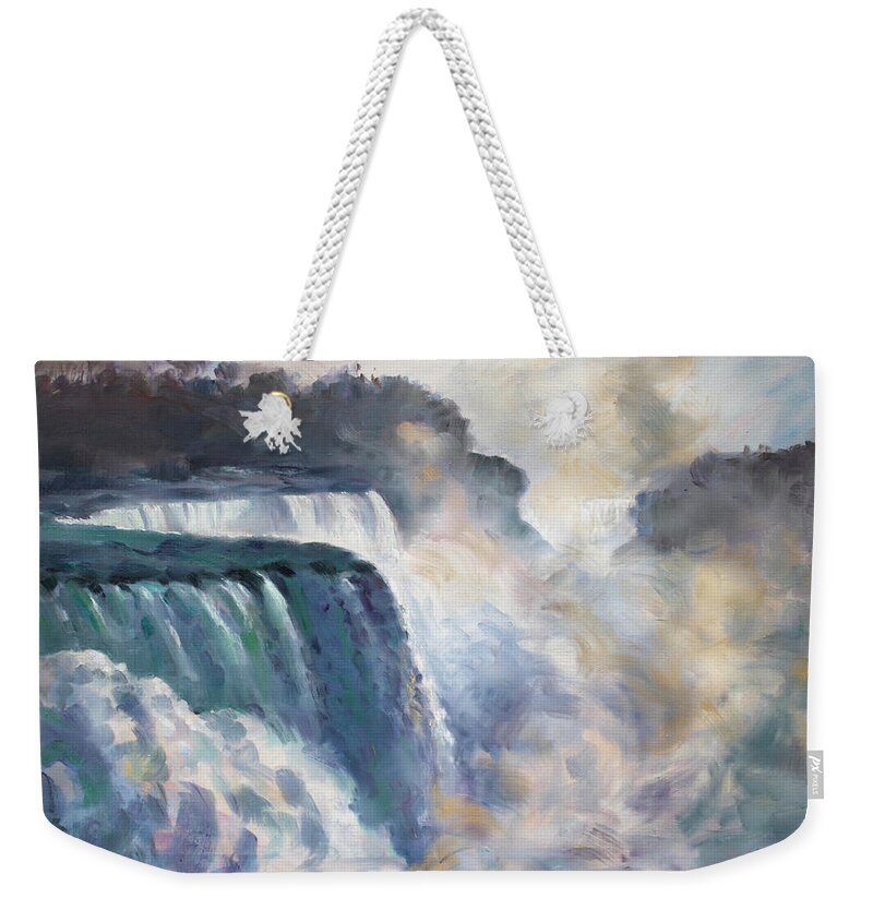 Niagara Falls Weekender Tote Bag featuring the painting Misty Niagara Falls by Ylli Haruni