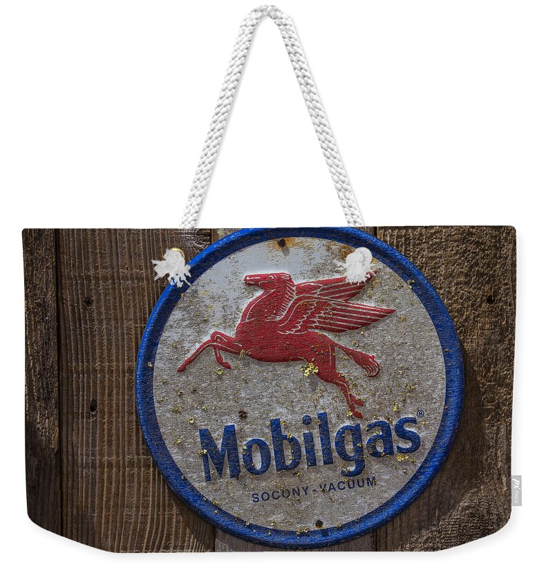 Mobil Round Weekender Tote Bag featuring the photograph Mobil Gas Sign by Garry Gay