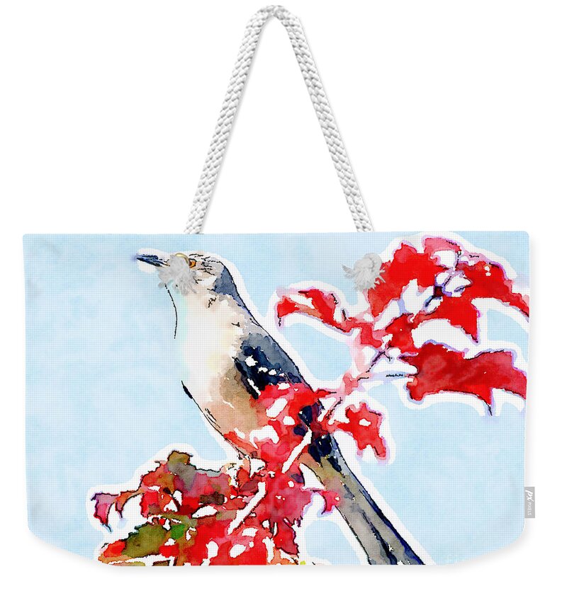 Mockingbird Weekender Tote Bag featuring the photograph Mockingbird In the Leaves - Watercolor by Kerri Farley