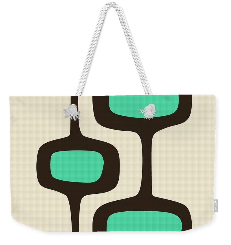 Mid Century Modern Weekender Tote Bag featuring the digital art Mod Pod Two Aqua with Brown by Donna Mibus