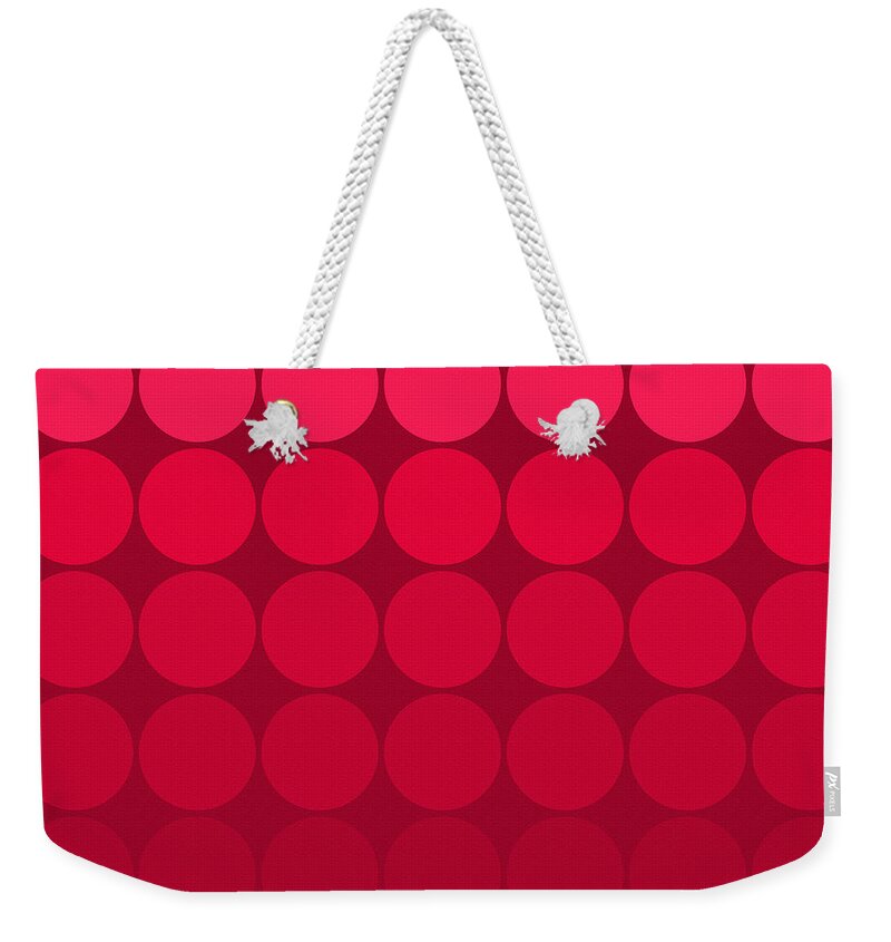 Mod Pop Weekender Tote Bag featuring the digital art mod pop Mid Century circles pink to red by Denise Beverly