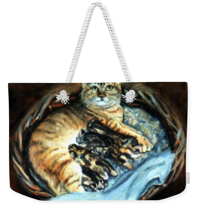 Nature Weekender Tote Bag featuring the painting Mom With Her Kittens by Donna Tucker