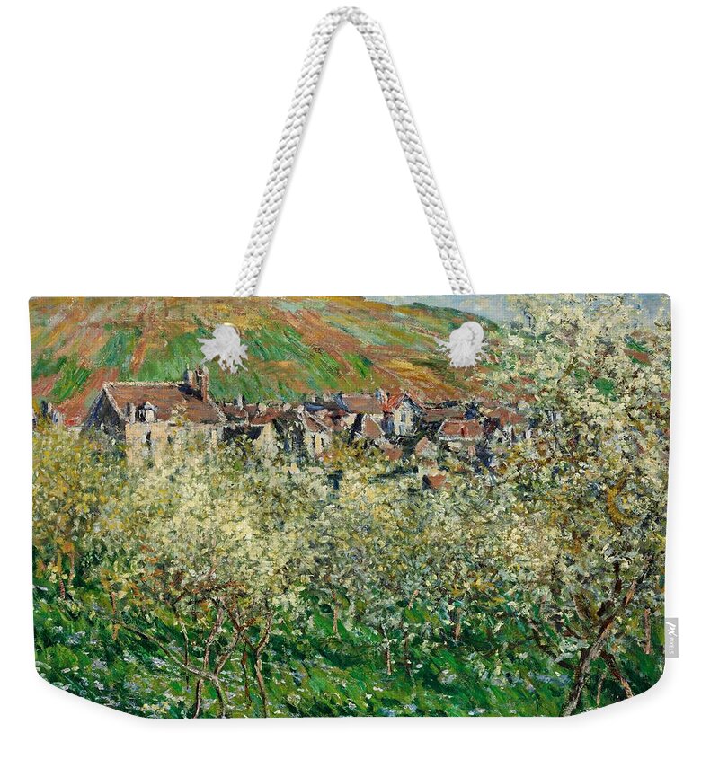 Monet Weekender Tote Bag featuring the painting Monet Flowering Plum Trees 1879 by Movie Poster Prints