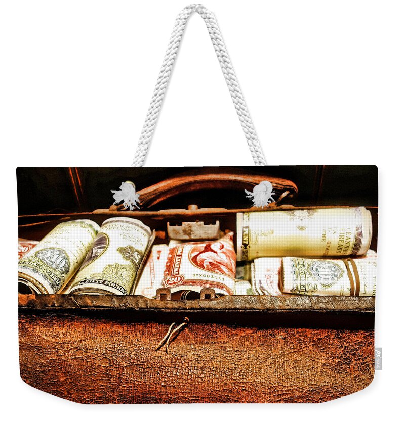 Old Leather Bag Filled With Money Weekender Tote Bag featuring the photograph Money Bag by Joan Reese