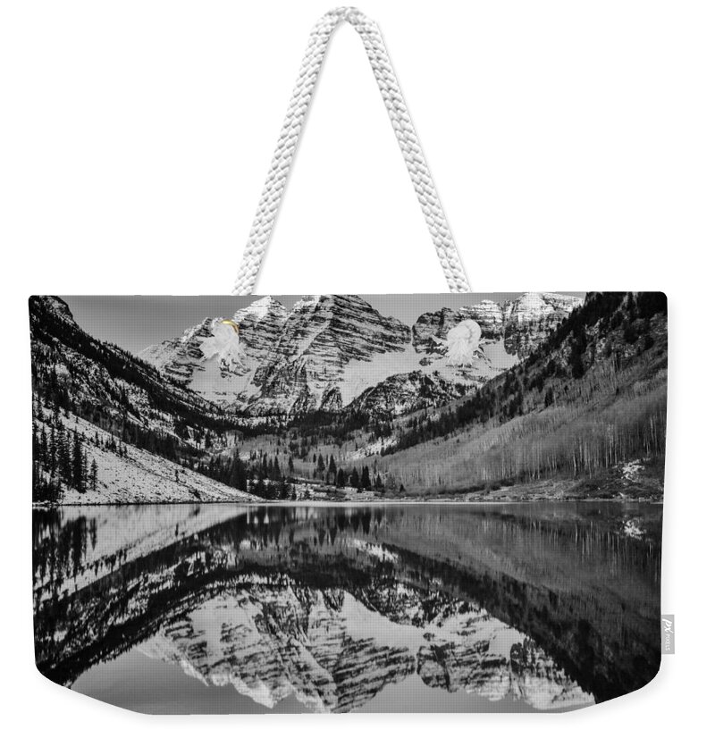 Maroon Bells Weekender Tote Bag featuring the photograph Monochrome Maroon by Darren White