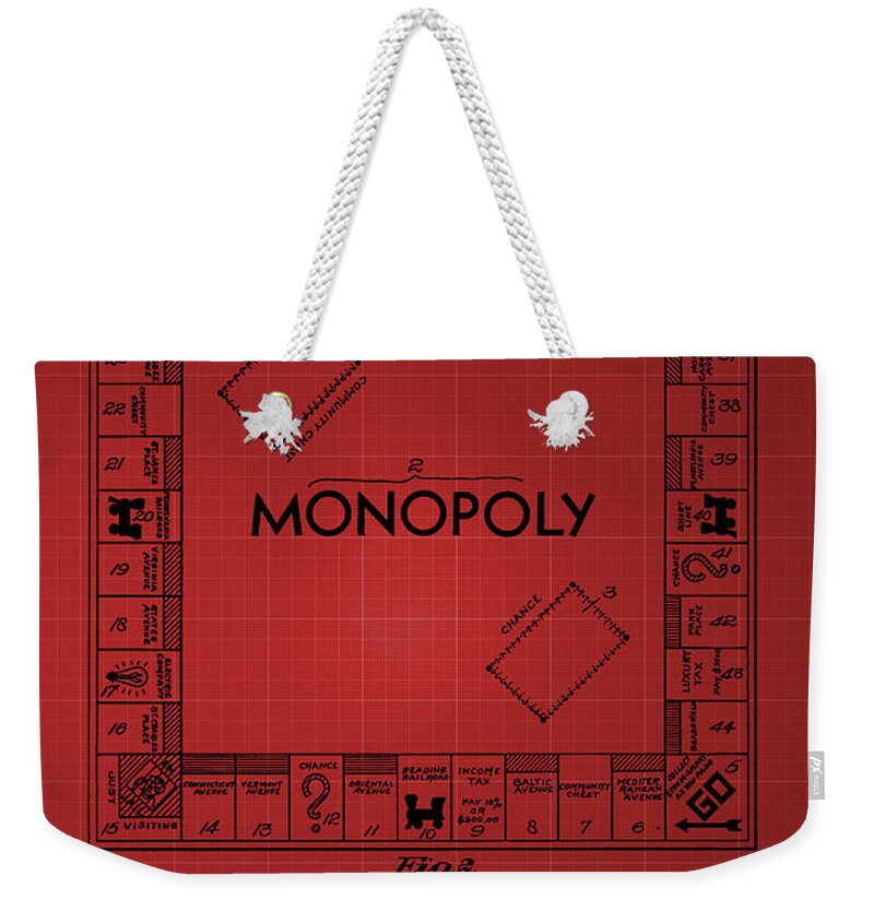 Monopoly Weekender Tote Bag featuring the photograph Monopoly Patent 1935 - Red by Chris Smith