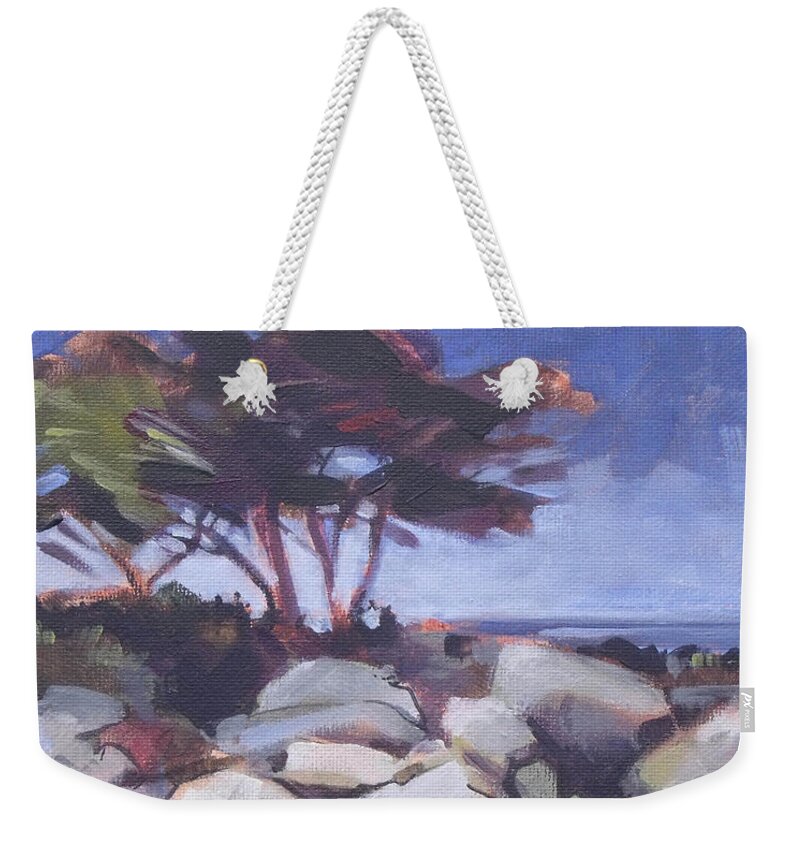 Monterey Weekender Tote Bag featuring the painting Monterey Cypress by Mary Hubley