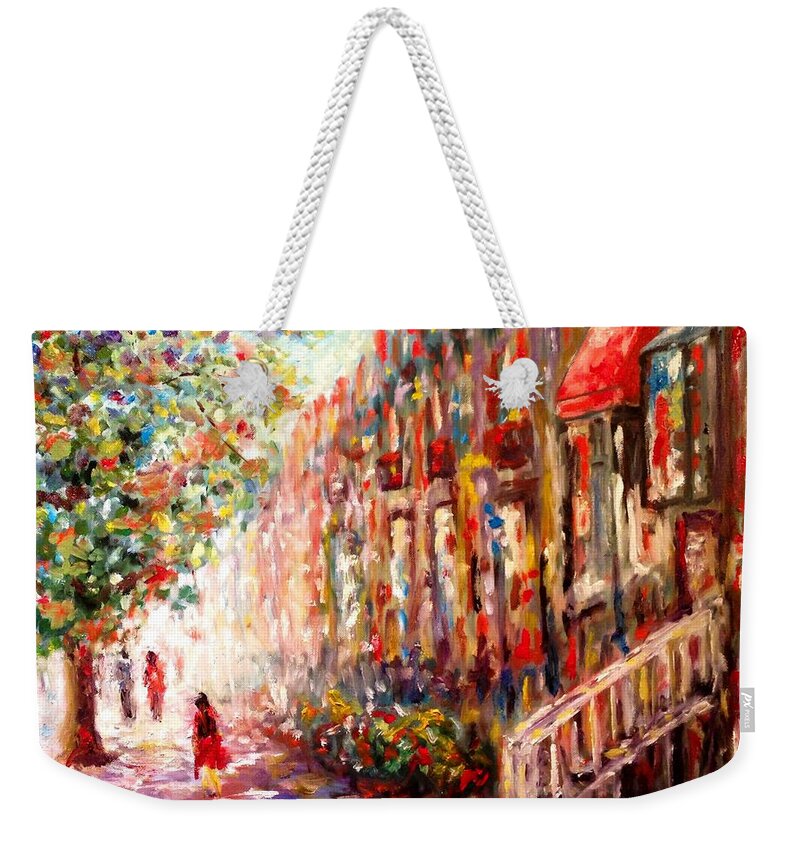 Painting Weekender Tote Bag featuring the painting Montreal Cityscape - St-Denis Street by Cristina Stefan