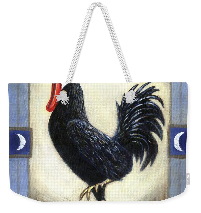 Folk Art Rooster Weekender Tote Bag featuring the painting Moon Doggie the Rooster by Linda Mears