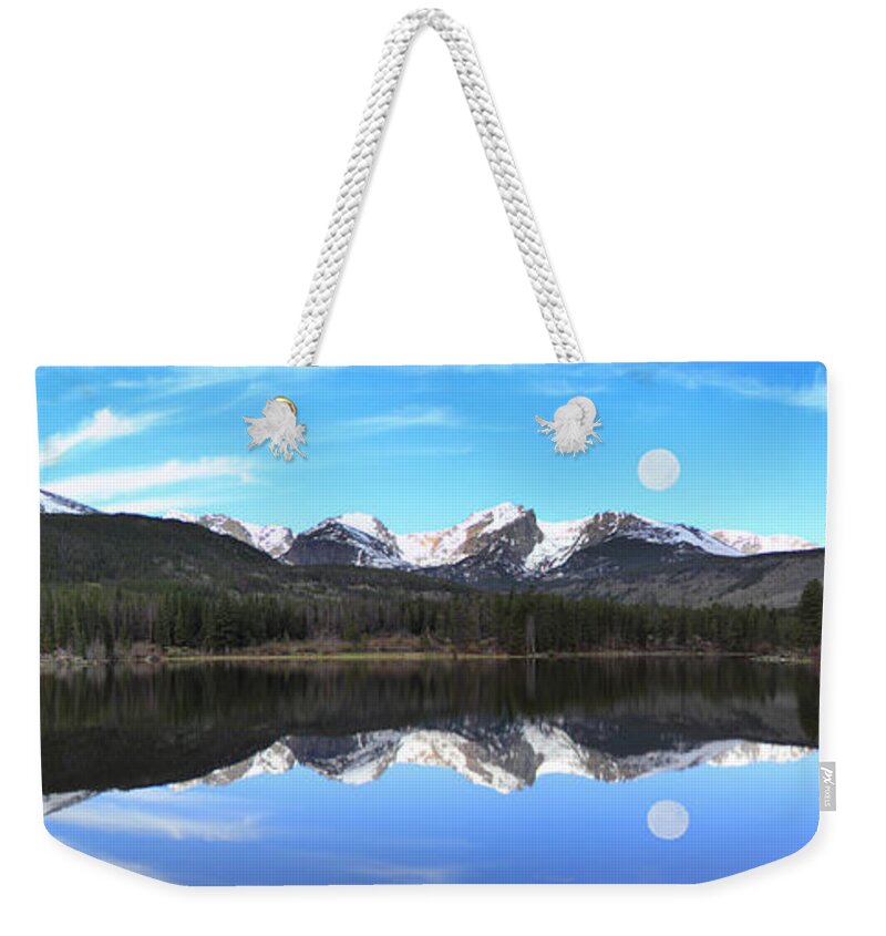 Sprague Lake Weekender Tote Bag featuring the photograph Moon Over Sprague Lake by Shane Bechler