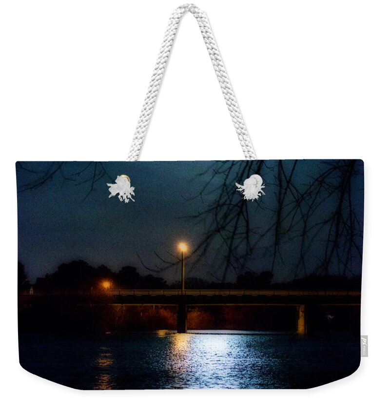 Moon Weekender Tote Bag featuring the photograph Moon Set Lake Pleasurehouse by Angela DeFrias