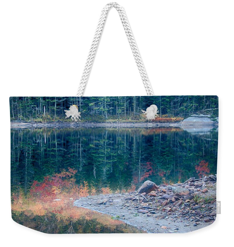 Autumn Weekender Tote Bag featuring the photograph Moon Setting Fall Foliage Reflection by Jeff Folger