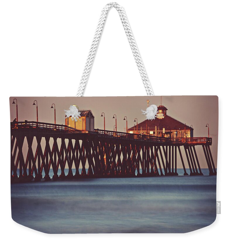 Scenics Weekender Tote Bag featuring the photograph Moon Setting Over Imperial Beach by Trina Dopp Photography