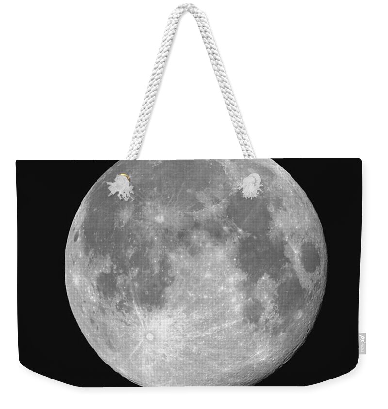 Science Weekender Tote Bag featuring the photograph Moon With Impact Ejecta Rays by John Chumack