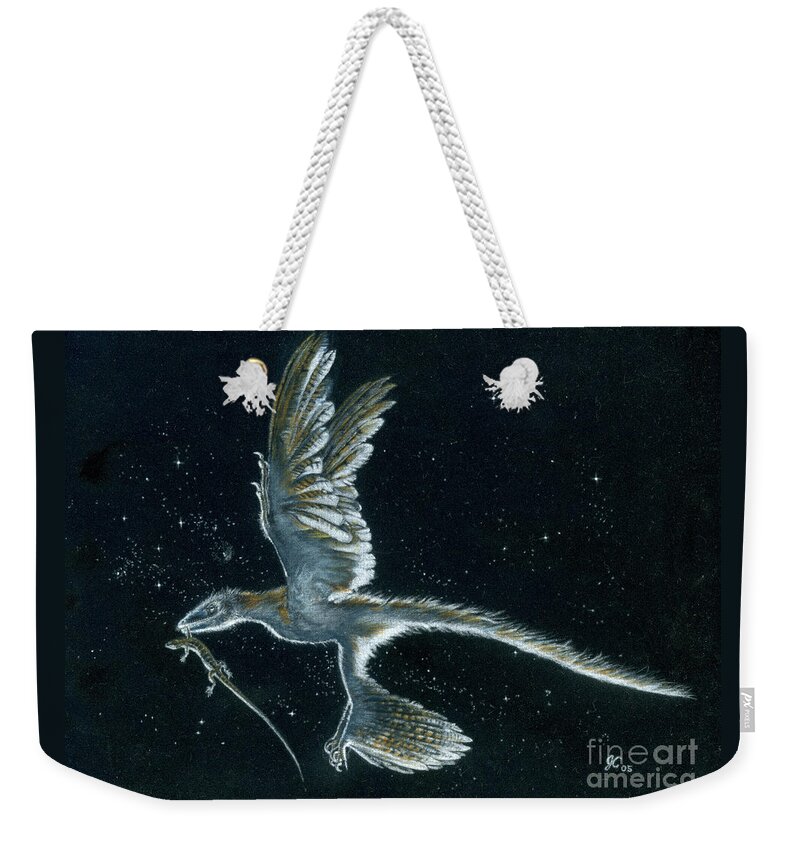 Dinosaur Weekender Tote Bag featuring the painting Moonlight hunt - Microraptor by Julius Csotonyi